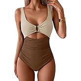 Eomenie Women's One Piece Swimsuit Tummy Control Ruched Bathing Suit Cutout V Neck Swimwear High Cut Tie Back Swim Suit