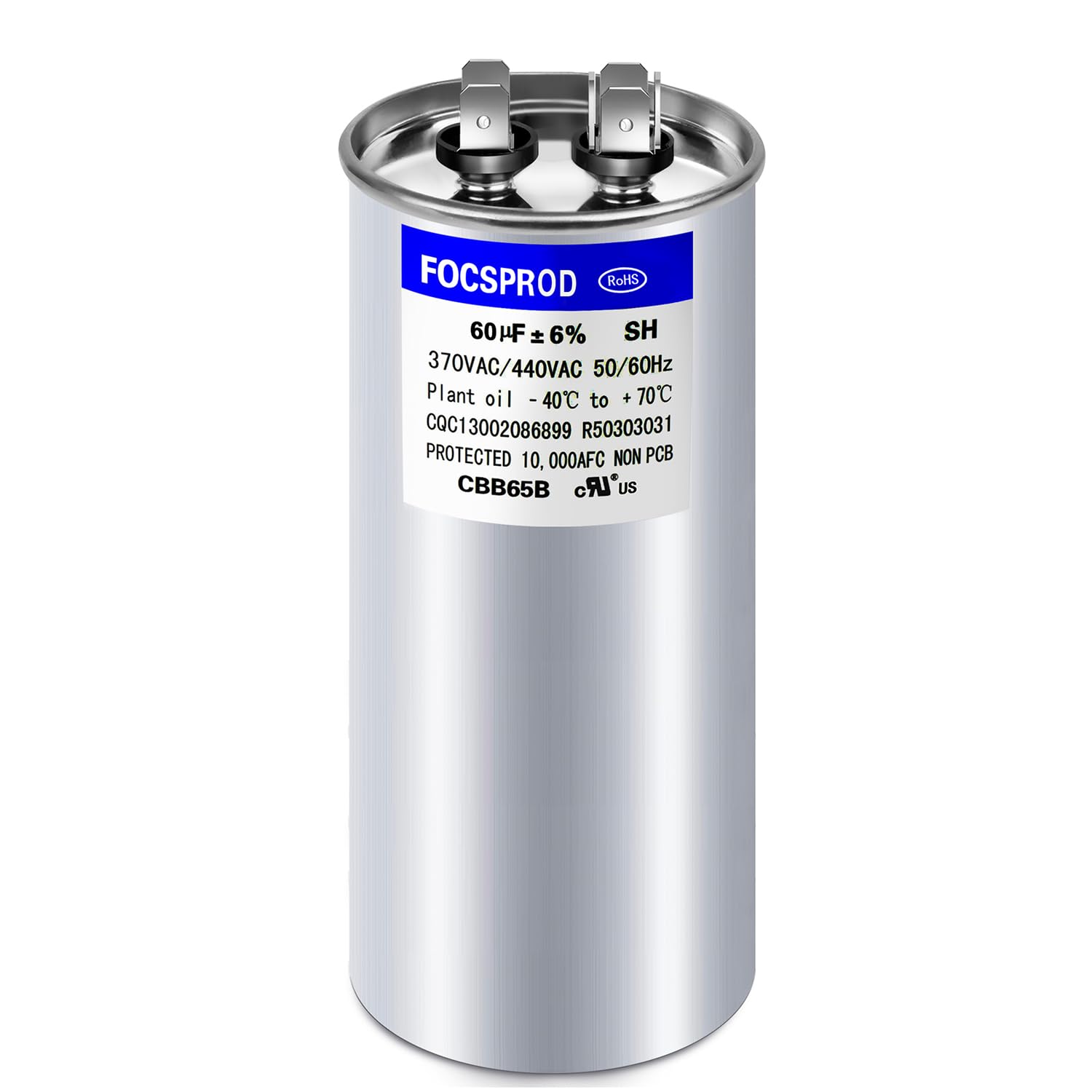 Photo 1 of [UL Recognized] FOCSPROD 60 uF 60 MFD ±6% 370V/440V CBB65B AC Capacitor, Single Run Round Capacitor Replacement, 60 uF 440 Volt HVAC for AC Unit Fan Motor or Condenser Straight