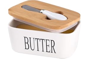 Lxmons Ceramic Butter Dish with Wooden Lid, Large Butters Container Keeper Storage with Stainless Steel Knife Spreader, Bamboo Cover and Silicone Sealing Ring for West East Coast, White