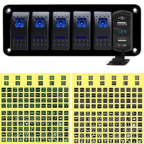 MasoAuto 5 Gang Rocker Switch Panel | 12V/24V Dual 4.8A USB Charger Adaptor with LED Display IP68 Waterproof | 15A Fuse Box for RV,Car,Truck,Boat