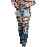 Kwunbwa Women's Skinny Ripped Jeans High Waisted Straight Leg Stretchy Distressed Asymmetrical Raw Y2K Denim Pants