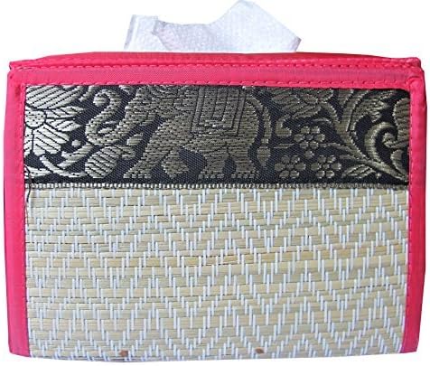 Rectangular Handmade Thai Woven Straw Reed Tissue Box Cover with Gold Silk Elephant Design