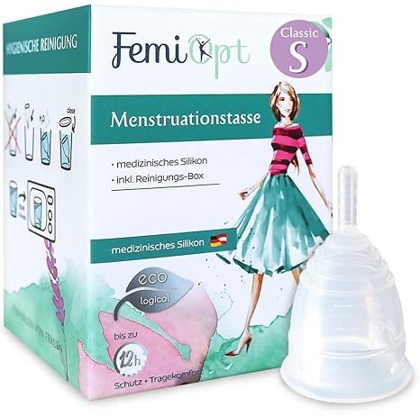Menstruationstasse FemiOpt-medizinisches Silikon aus DE/AT-sichere nachhaltige Monatshygiene inklusive Reinigungs-Becher-Stof