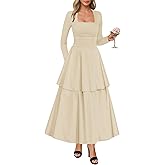 Lazysmile Women's Long Sleeve Fall Dresses Square Neck Ruched Waist Ruffle Hem Flowy Elegant Modest Boho Casual Maxi Dress
