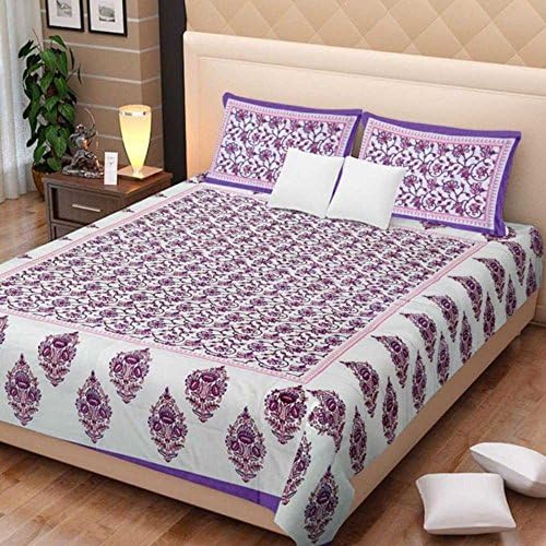 traditional mafia Floral Vine Printed double Bed Sheet Set with 2 pillow Covers, King, Purple/Pink