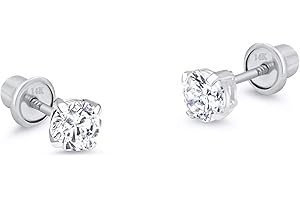 LOVEARING 14k White Gold 2-6mm Basket Round Solitaire Cubic Zirconia Children Screw Back Baby Girls Earrings