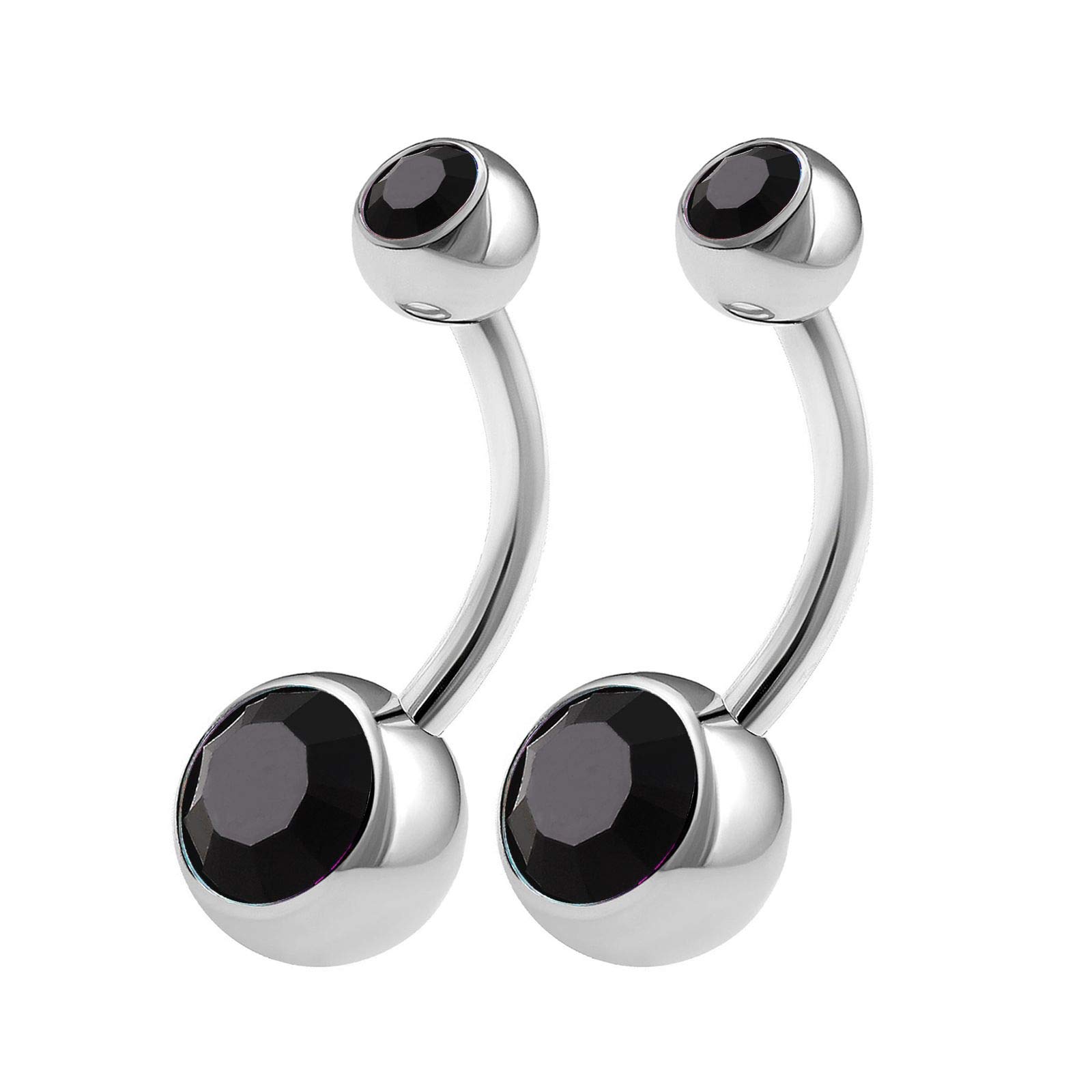 KJM FASHION 2PCS Surgical Steel Long Belly Button Rings 14g 3/8 10mm Black Jet Crystal Balls Non Dangle Navel Bar Piercing Jewellery 0560