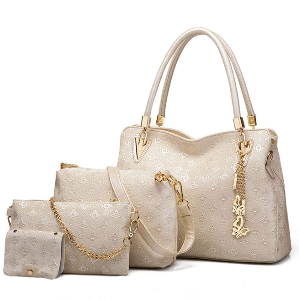 FiveloveTwo Women PU Ladies Handbag Purse Tote Satchel Shoulder Bag Tassel Print 4pcs Set Top Handle Bag Clutch Card Holder Beige