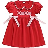 Owl's-Yard Toddler Girls Valentine's Day Dress Fashionable Short Sleeve Doll Collar Letter Embroidery Ribbon Bow Dress