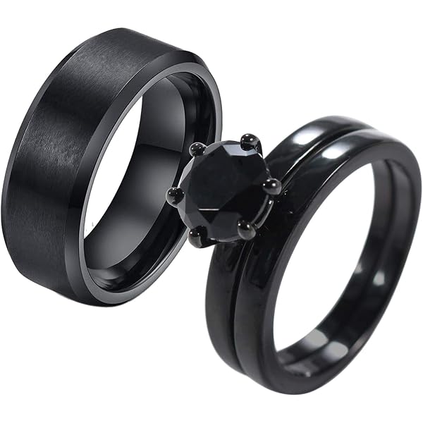 Sun And Moon Matching Couple's Rings - Stainless Steel His & Hers Set, High Polished Black - View #2