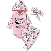 MINIFEIKO Newborn Infant Baby Girl Dinosaur Outfit Long Sleeve Hoodie Romper Bodysuit and Pants with Headband Set