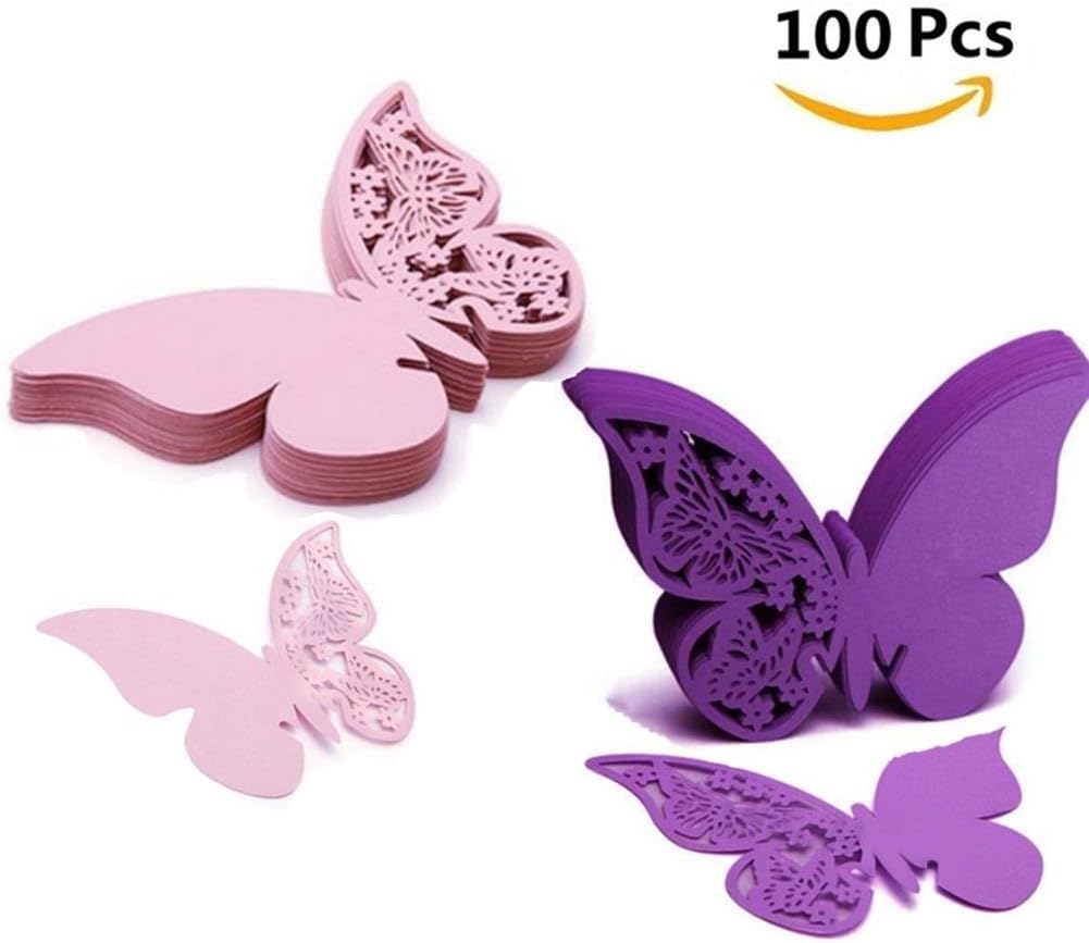 UOOME 100 Pcs Butterfly Wine Glass Cards Name Place Cards Laser Cut Wine Cup Decoration Postcards Wedding Centerpieces Table Decoration (Pink&Purple)