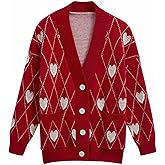 CHICWISH Women's Hearts Print Button Down Cardigan Sweaters V-Neck Long Sleeve Cropped Knit Sweater Cardigan with Pockets Red