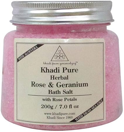 Khadi Pure Herbal Rose & Geranium Bath Salt with Rose Petals, 200 g