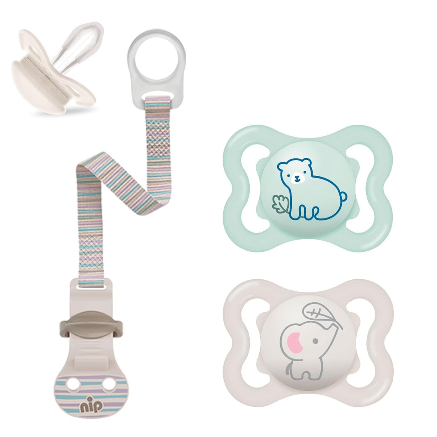 MAM "Skin Soft" silicone dummy 0 - 6 Months Neutral // Set of 2 // incl. Sterilising transport box and NIP dummy strap