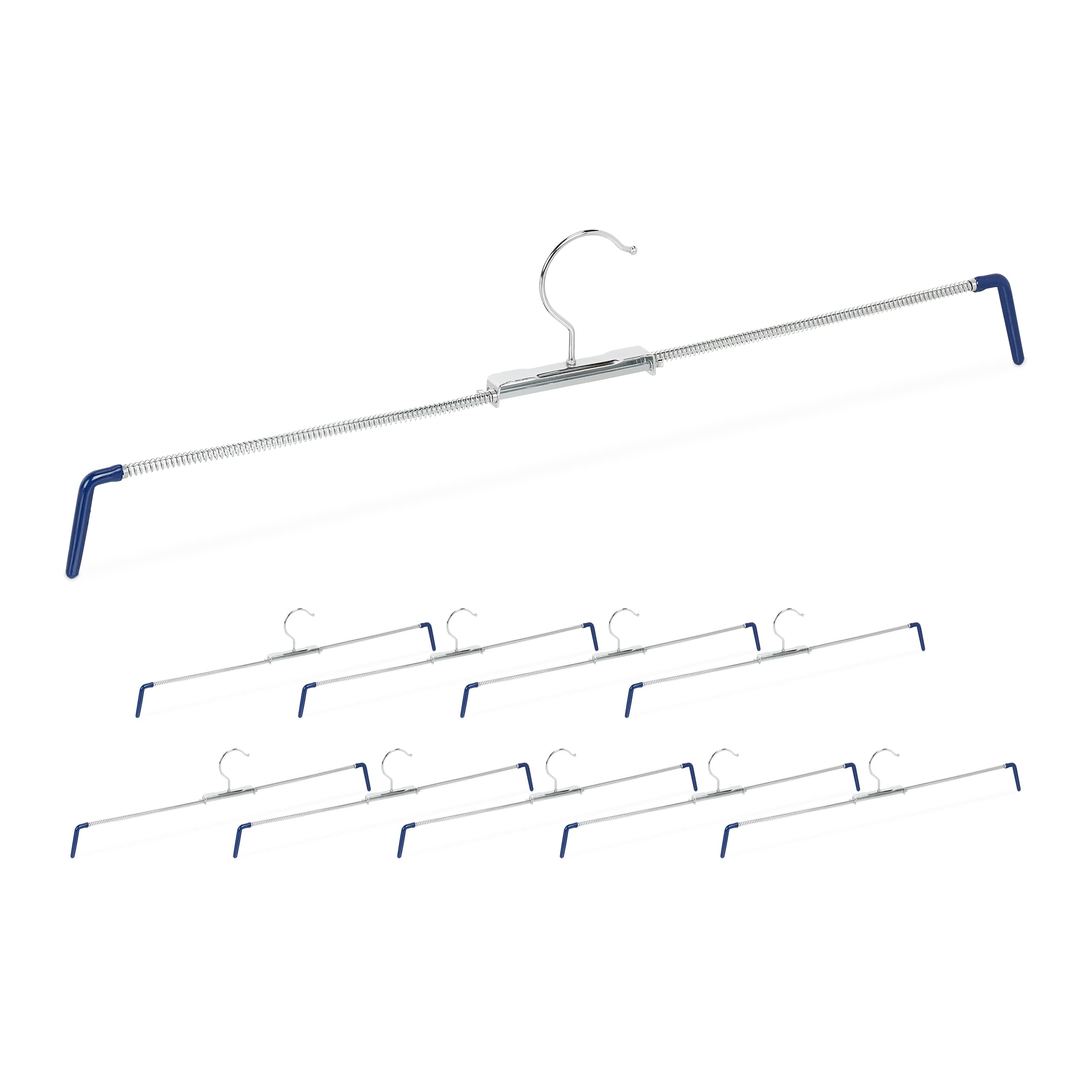 Relaxdays Trouser Stretch Hanger Set of 10, Non-Slip for Pants & Skirts, Spiral Holder, Width 30-50 cm, Silver/Blue
