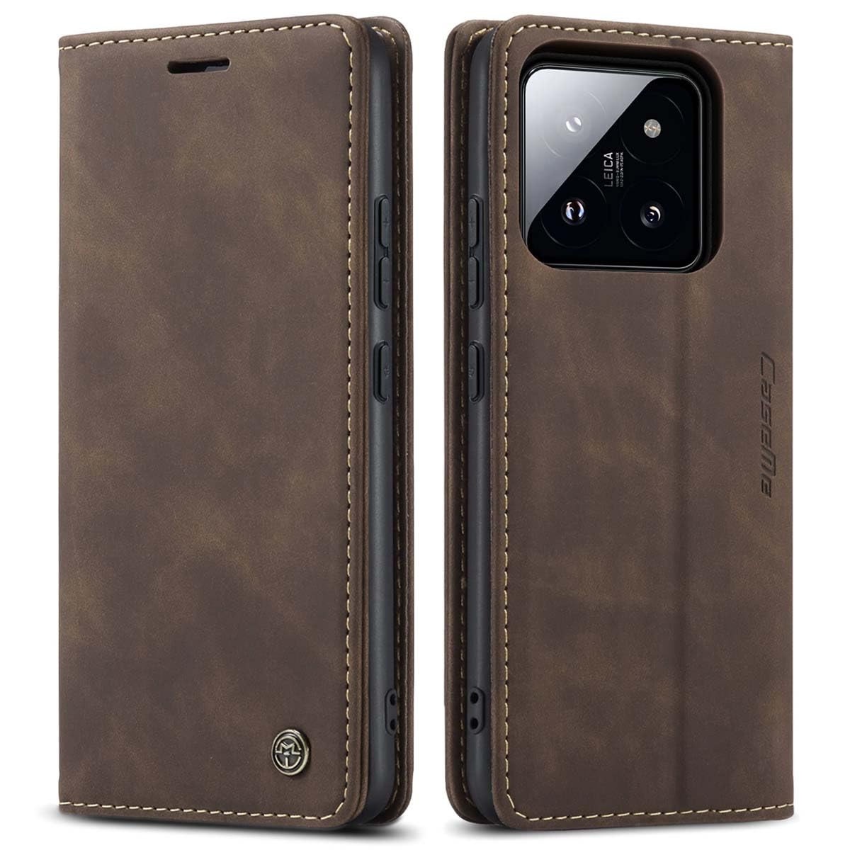 mvced Premium PU Leather Case Flip Wallet Phone Cover with Kickstand Card Slots TPU Shell Compatible with Xiaomi 14,Coffee
