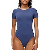 NANJI Short Sleeve Bodysuit for Women - Crew Neck Slim Fit Thong Body Suit, Stretch Double Lined Snap Tops, Casual Going Out