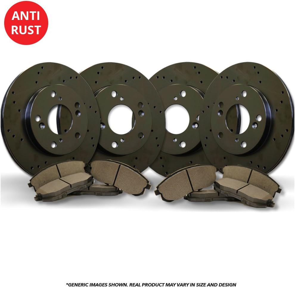 (Front+Rear Kit)(High-End) 4 Black Coated Cross-Drilled Disc Brake Rotors + 8 Semi-Metallic Pads(Fits:- Forenza Reno)(4lug)