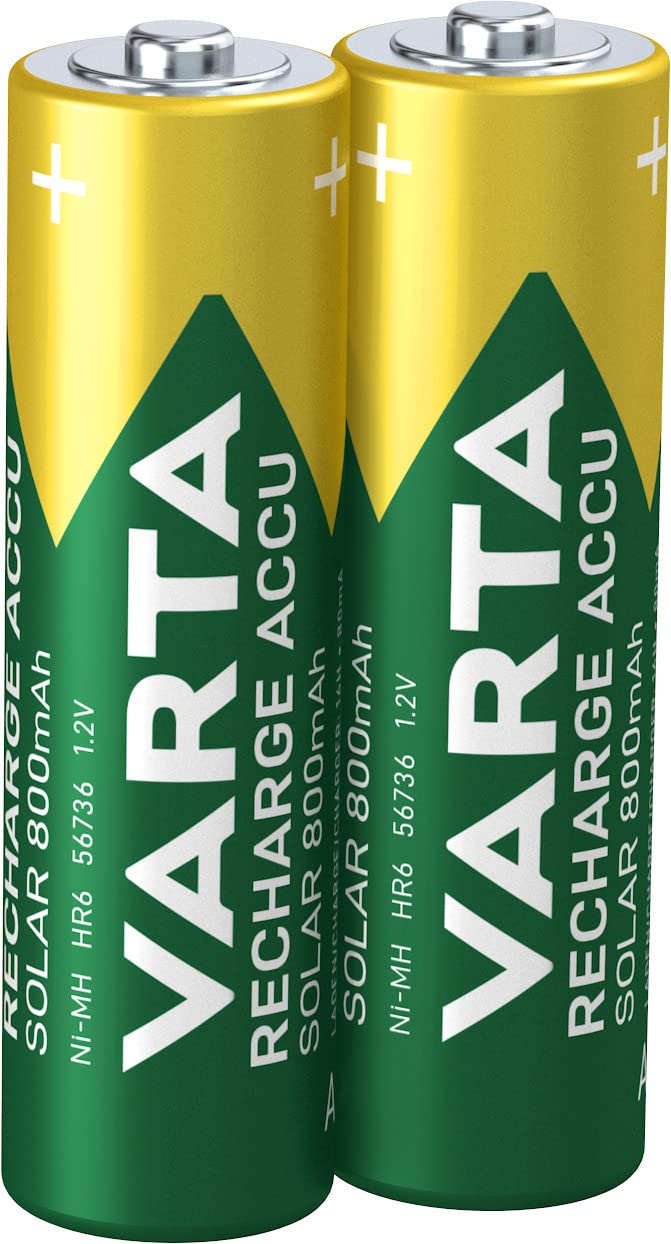 VARTA Batteries AA, rechargeable, pack of 2, Recharge Accu Solar, Akku, 800 mAh Ni-MH, ready to use, designed for solar garden lights