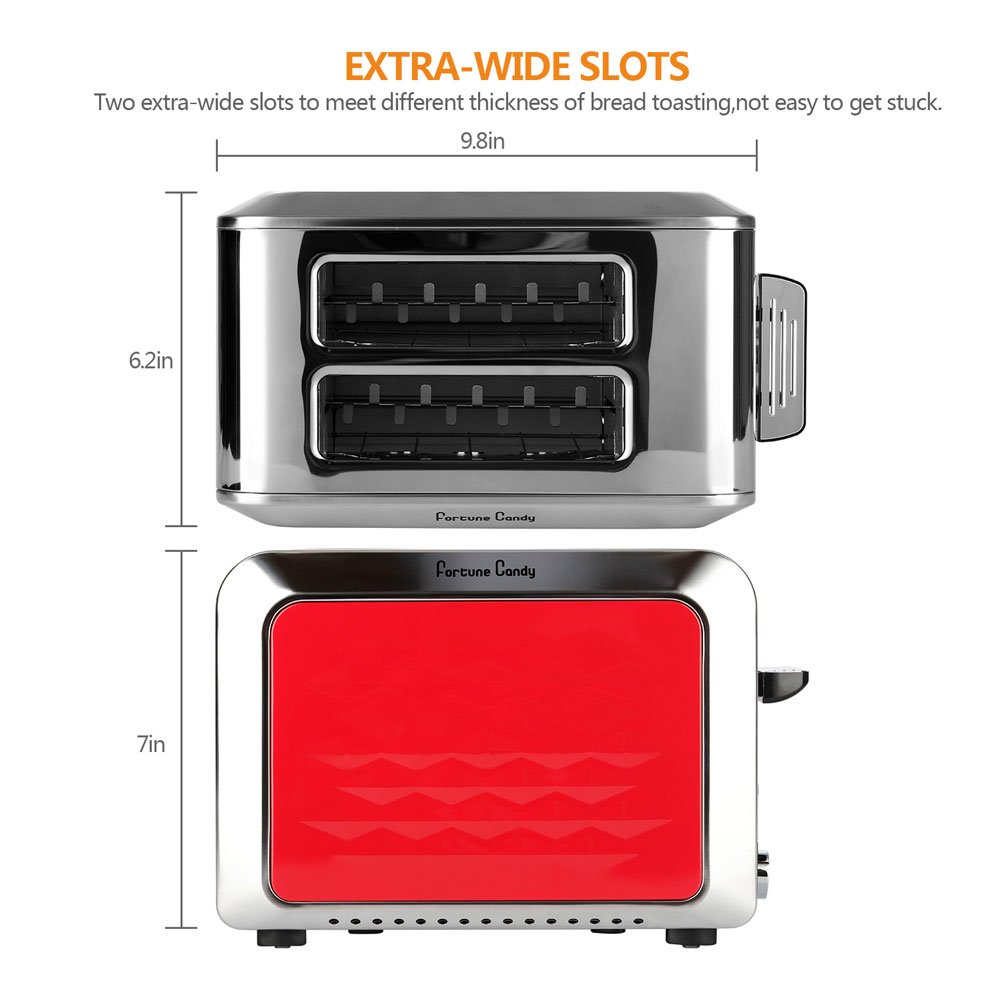 Fortune Candy Toaster,Red 2-Slice Toaster,Stainless Steel Toaster with Extra Wide Slots,Removable Crumb Tray,High Lift Lever,Bagel Defrost Reheat Cancel Function,7 Toast Shade Settings