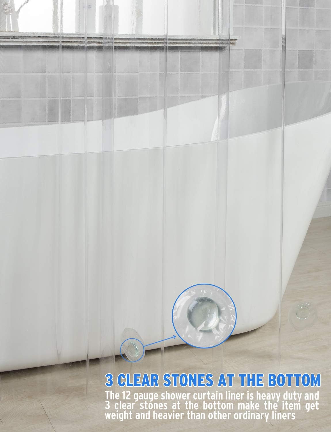 AmazerBath 12 Gauge Heavy Duty Crystal Clear Thick Shower Curtain Liner with Heavy Duty Clear Stones and 12 Grommet Holes Waterproof Bathroom Plastic Shower Curtain Liner-72 W x 72" H: Kitchen & Dining