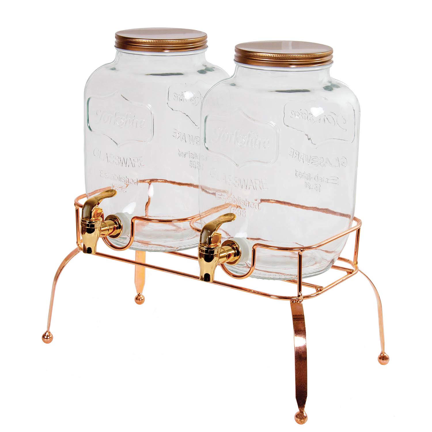 The Vintage Company 61082 Set of 2 Glass Drinks Dispensers with Stand| 4 Litre Capacity | Rose Gold Finishes | Weddings/Parties/BBQ’s, 4 liters, Clear