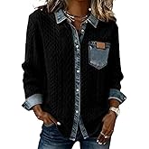 Women Denim Collar Knit Sweater Long Sleeve Button V Neck Patchwork Pullover Casual Retro Tops for Fall Winter