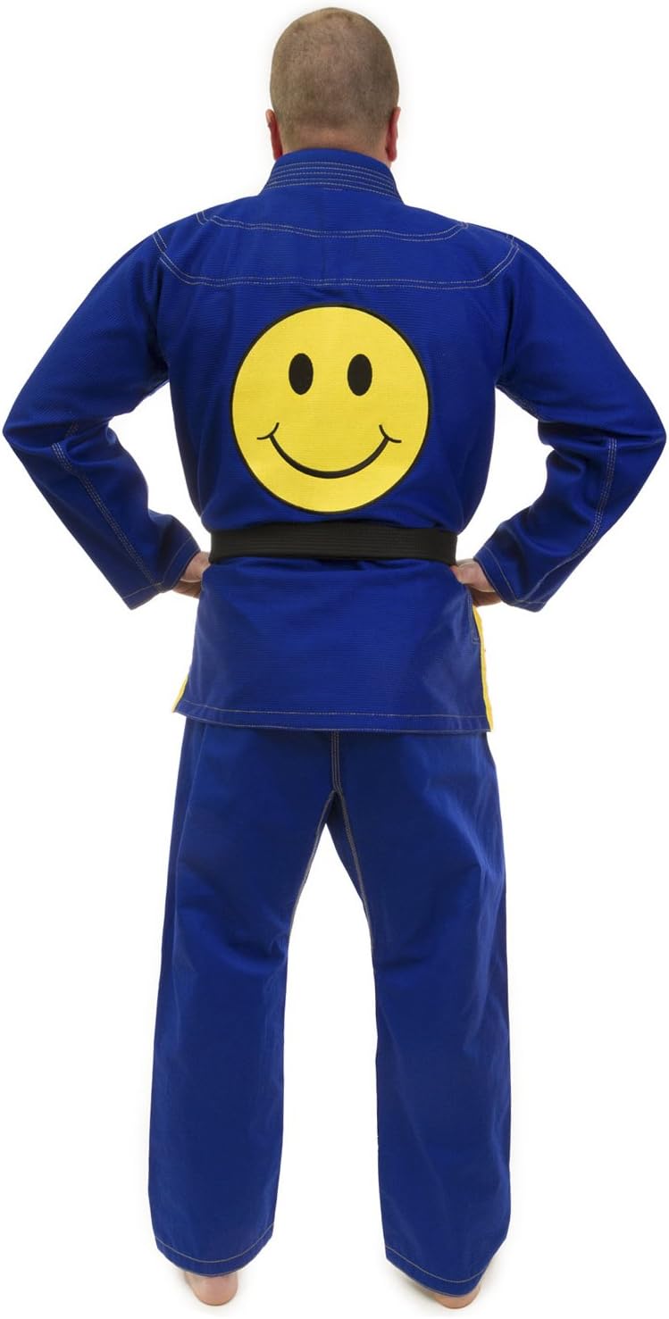 KO Sports Gear BJJ Jiu Jitsu Gi Uniform Set 100% Cotton Pearl Weave Gi – Smiley Face on Blue Gi – BJJ Kimono and Pants - Closeout Priced