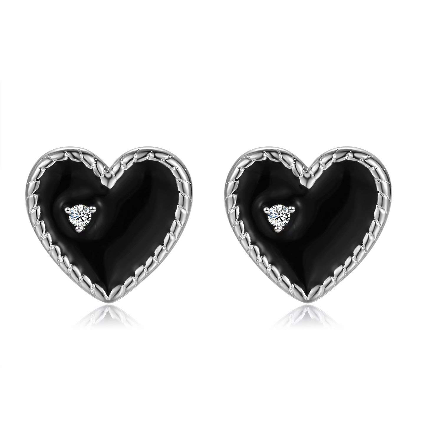 Qings Exquisite Black Star Heart Stud Earrings 925 Sterling Silver Sparkling Platinum Plated Love with CZ as Gift for Women and Girls
