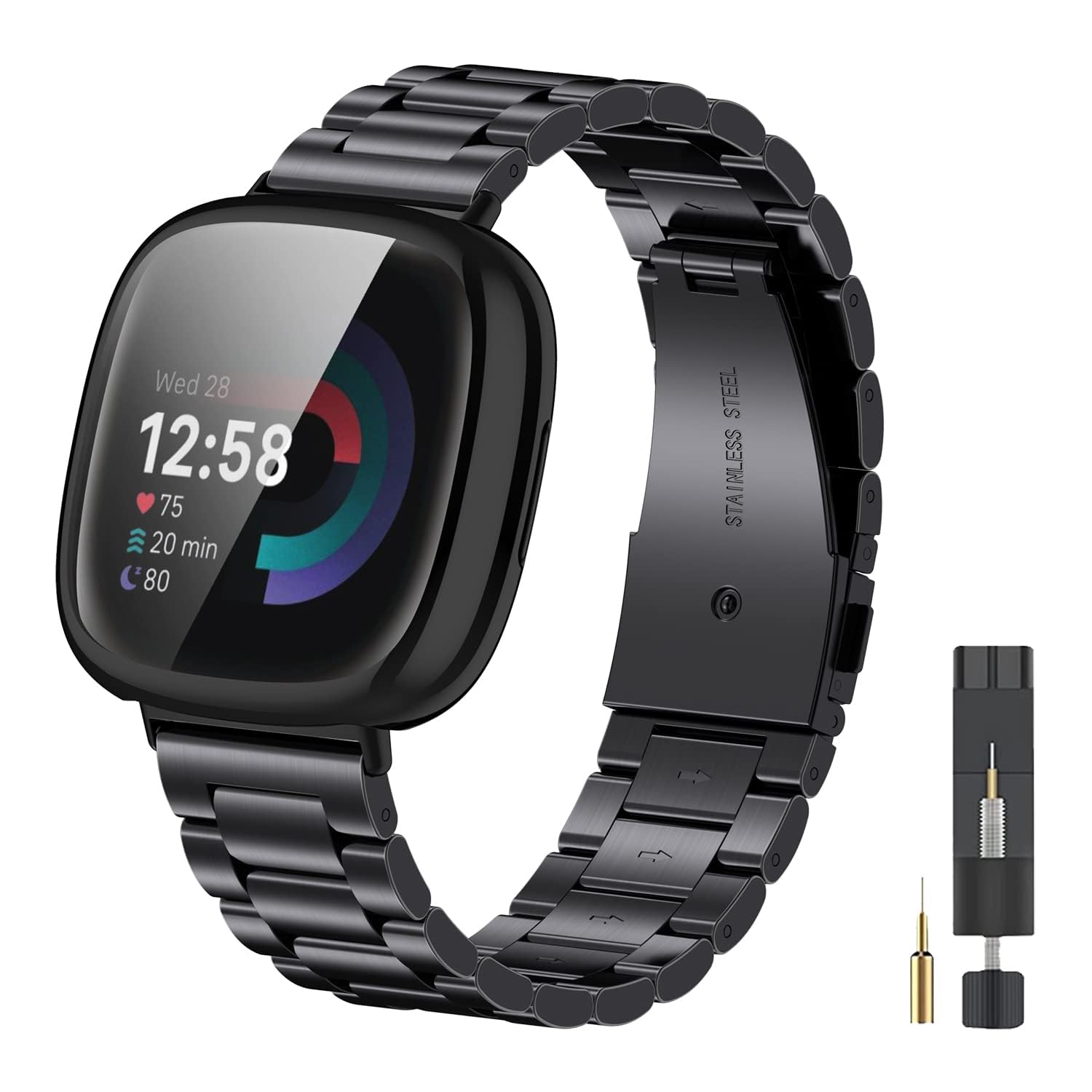 EZMVZKU Stainless Steel Strap and Protective Cover for Fitbit Versa 4/Sense 2, Compatible with Fitbit Sense 2 Metal Watch Band for Versa 4 with Case,Black