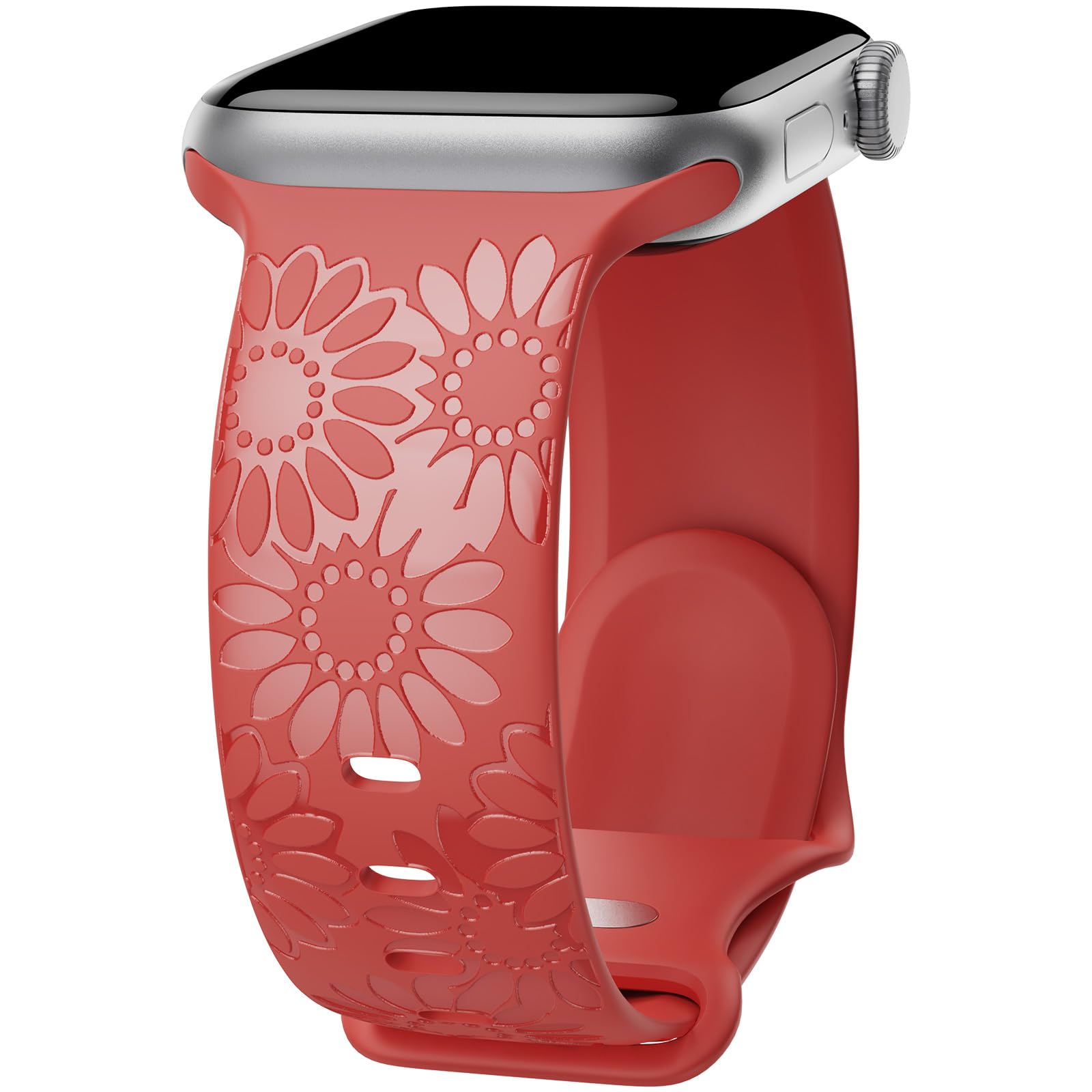 Sunflower Engraved Band Compatible with Apple Watch Bands 38mm 40mm 41mm 42mm 44mm 45mm 49mm Women, Designer Soft Glossy Floral Silicone Strap for iWatch Series Ultra 11 10 9 8 7 6 SE 5 4, Red38