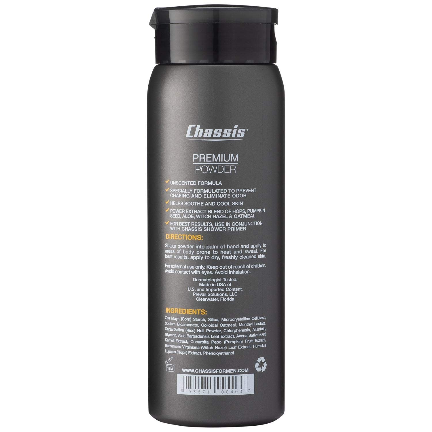 Chassis Unscented Powder for Men, Premium Natural Body Powder with Odor-Absorbing Formula, Non-Talcum Powder Free of Aluminum, Menthol, and Parabens, Anti-Chafing Powder to Reduce Sweat
