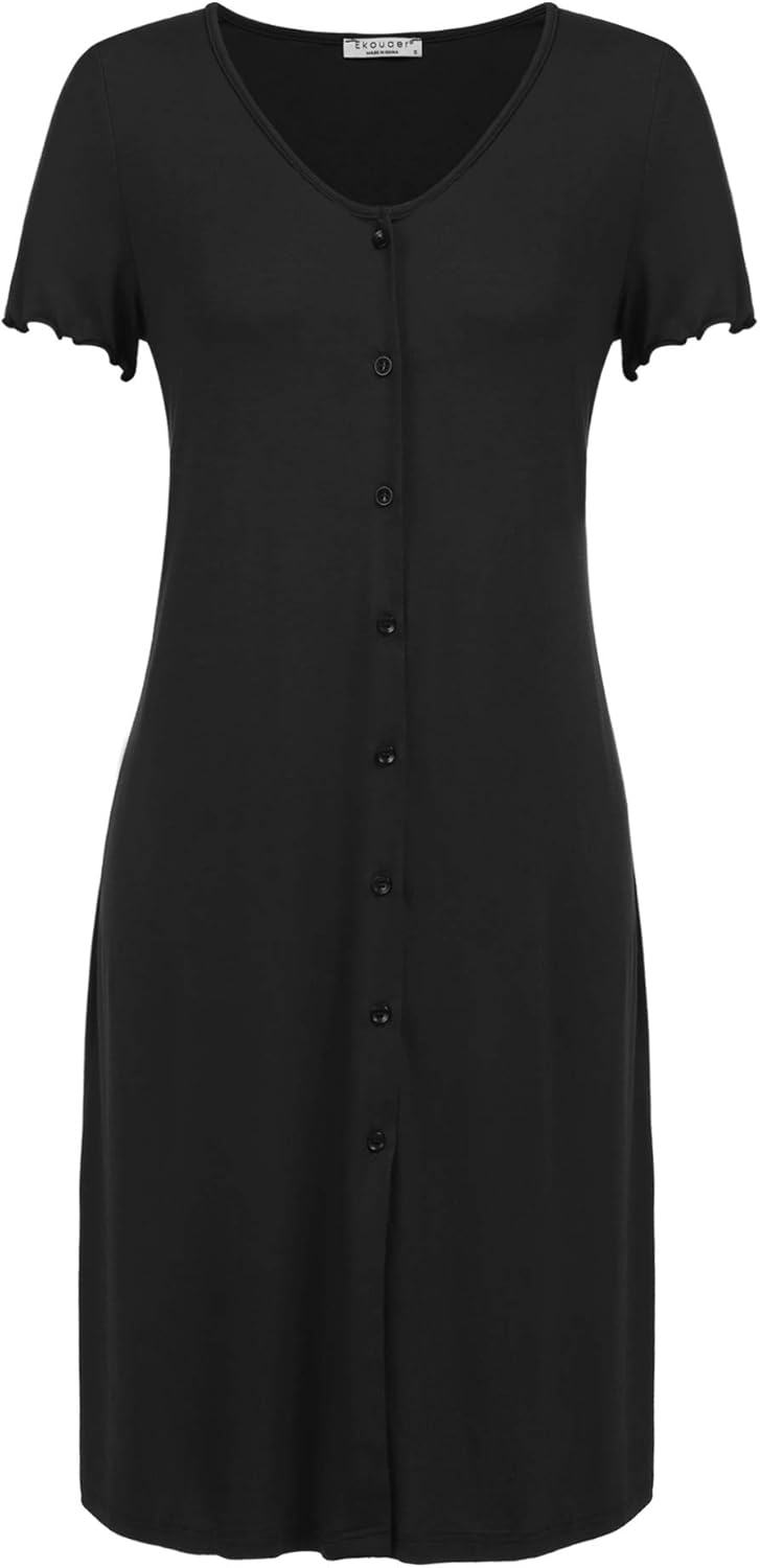Ekouaer Women's Nightshirt Short Sleeve Button Down Nightgown V-Neck Sleepwear Pajama Dress at  Women’s Clothing store