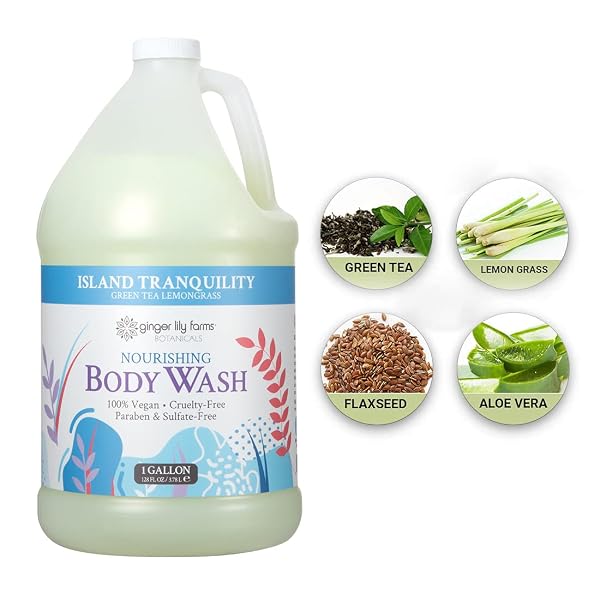 GINGER LILY FARMS BOTANICALS NOURISHING BODY WASH, ISLAND TRANQUILITY, 100% VEGAN & CRUELTY-FREE, GREEN TEA LEMONGRASS SCENT, 1 GALLON REFILL (128 FL. OZ.)