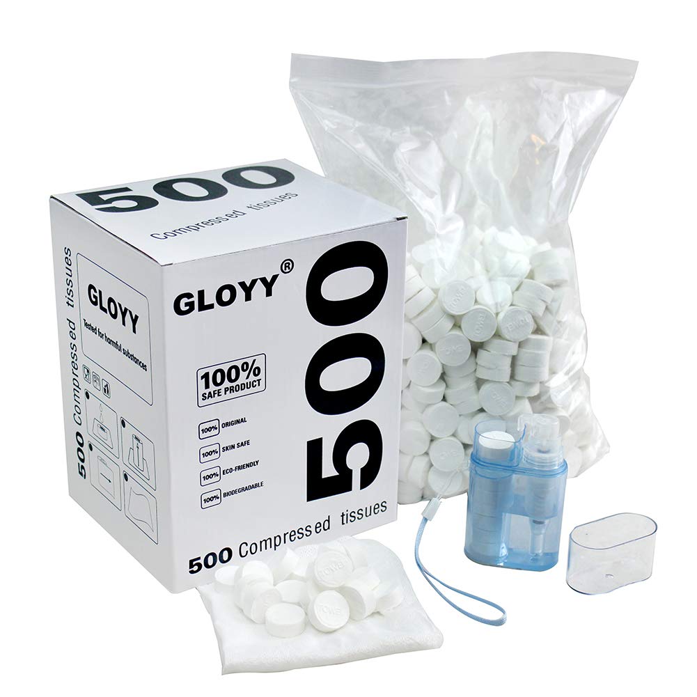 GLOYY Soft Compressed Towels Biodegradable Mini Coin Tissues Includes FREE Carrying Dispenser, Portable for Home Beauty Backpacking Camping Outdoor Accessories(500 Count) (8.8”x9.5”)