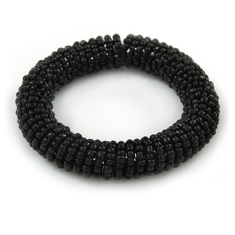 Avalaya Black Glass Bead Roll Stretch Bracelet - Adjustable