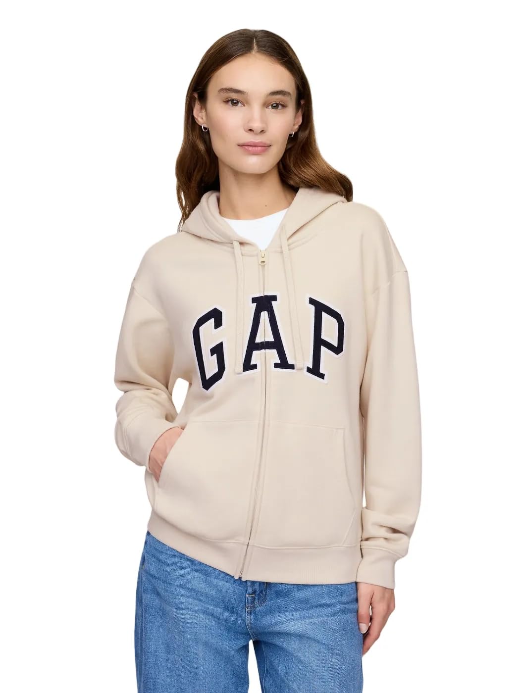 GAP womens Logo Hoodie Hooded Full Zip Sweatshirt Chino M Image