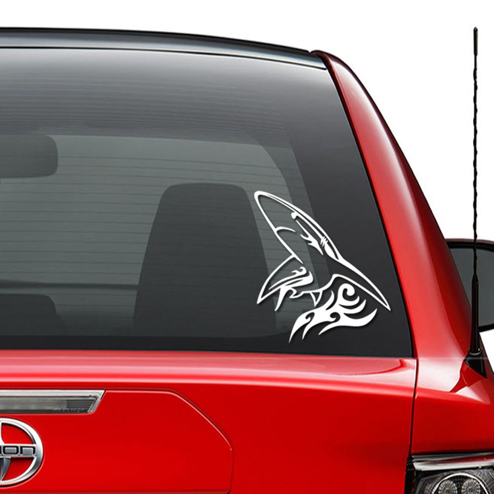 Tribal Art Flame Tattoo Great White Shark Fish Vinyl Decal Sticker Car Truck Vehicle Bumper Window Wall Decor Helmet Motorcycle and More - Size (7 inch / 18 cm Tall) / (Color Gloss White)