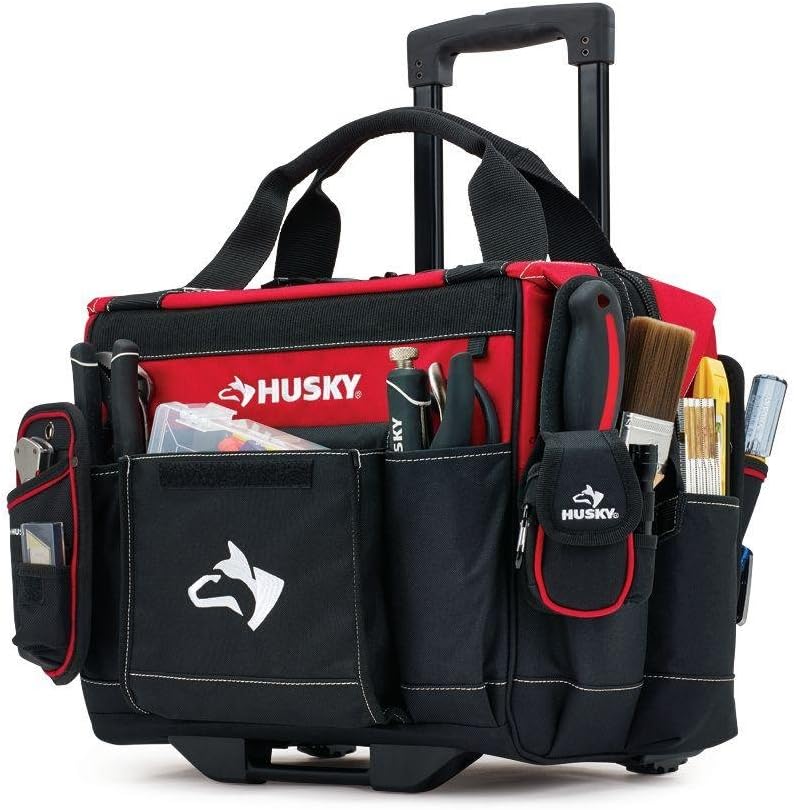 TEJAL Husky Rolling Tool Tote 14 In. - 600 Denier Water Resistant, Rolling Tool Tote Bag with Innovative Skid Plates, 80 lb. Weight Capacity, 13 Pockets, TEJAL No touch Door Opener Tool