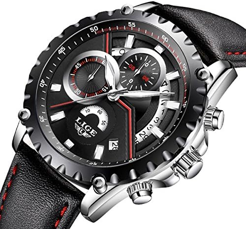 Mens Watches Men Luxury Chronograph Waterproof Sport Date Calendar Analogue Quartz Wrist Watch Gents Multifunction Fashion Casual Business Dress Watches Black Genuine Leather Strap (black)