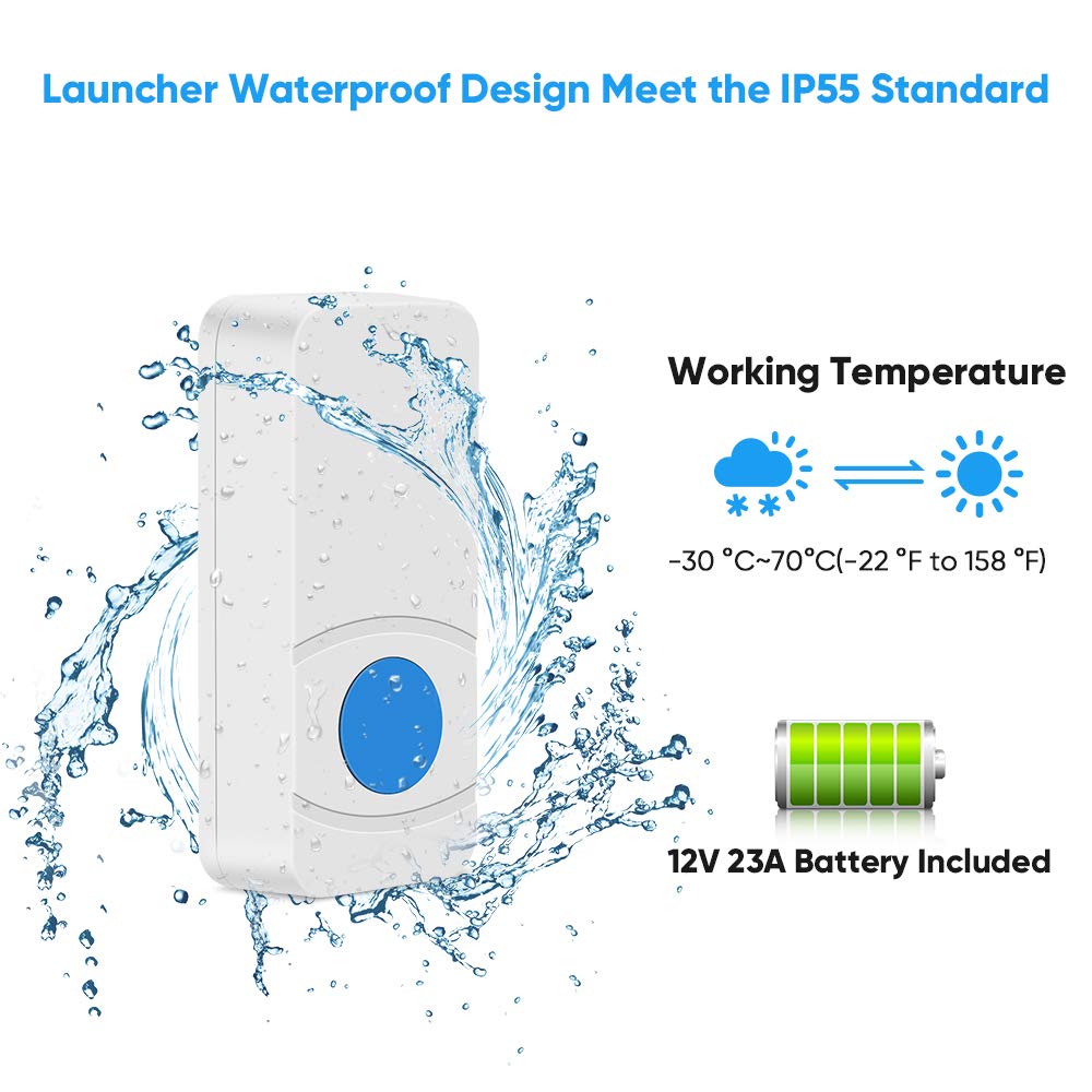 Wireless Doorbell, IP55 Waterproof Remote Cordless Door Chime Kit, 1 Push Button & 2 Plug in Receivers 1000Ft Range, 55 Chimes, 5-Level Volume, LED Flash Mute Mode & Memory Function
