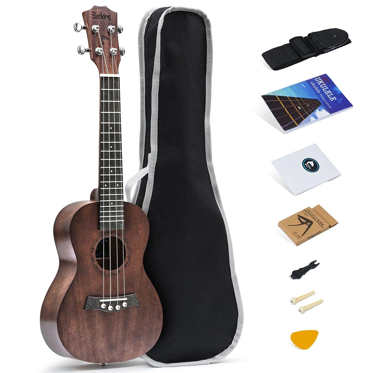 Batking Concert Ukulele for Beginners, Solid Mahognay 23 inch Hawaiian Ukuleles for Adults. Professional Ukalalee with Uke Beginner Bundle Kit (Gig Bag, Strap, Capo,Strings)