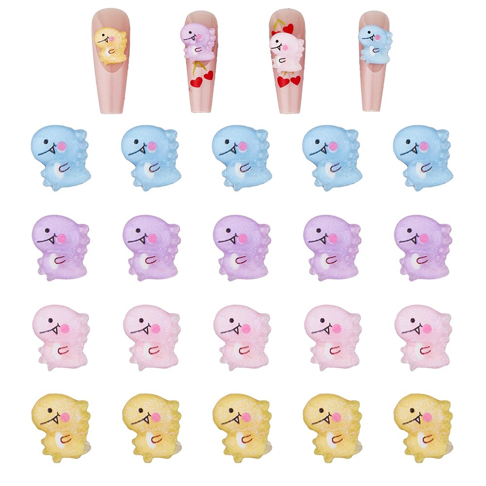 SUPERFINDINGS 80Pcs 4 Colors Glitter Dinosaur Nail Charms Translucent Resin Cabochons Pink Blue Purple Yellow Nail Art Decoration Accessories 3D Dinosaur Nail Studs Transparent Dinosaurs Nail Patches