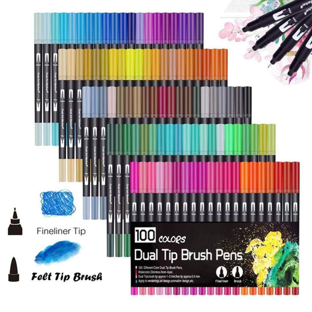 Mark Pen 60/100Pcs Dual Tip Marker Fine Point Colored Brush Kids Adult Coloring Draw Pens - 60-Color