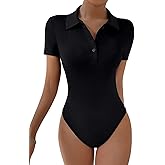 SweatyRocks Women's Short Sleeve Polo Shirt Bodysuit Ribbed Half Button Collared Leotards