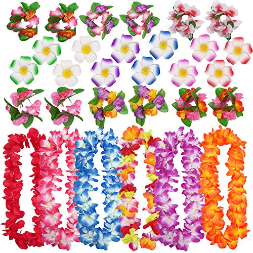 Livder 30 Pieces Hawaiian Flower Leis Necklaces, Bracelets and Hair Clips, Tropical Island Beach Theme Party Decorations Supplies, Colorful