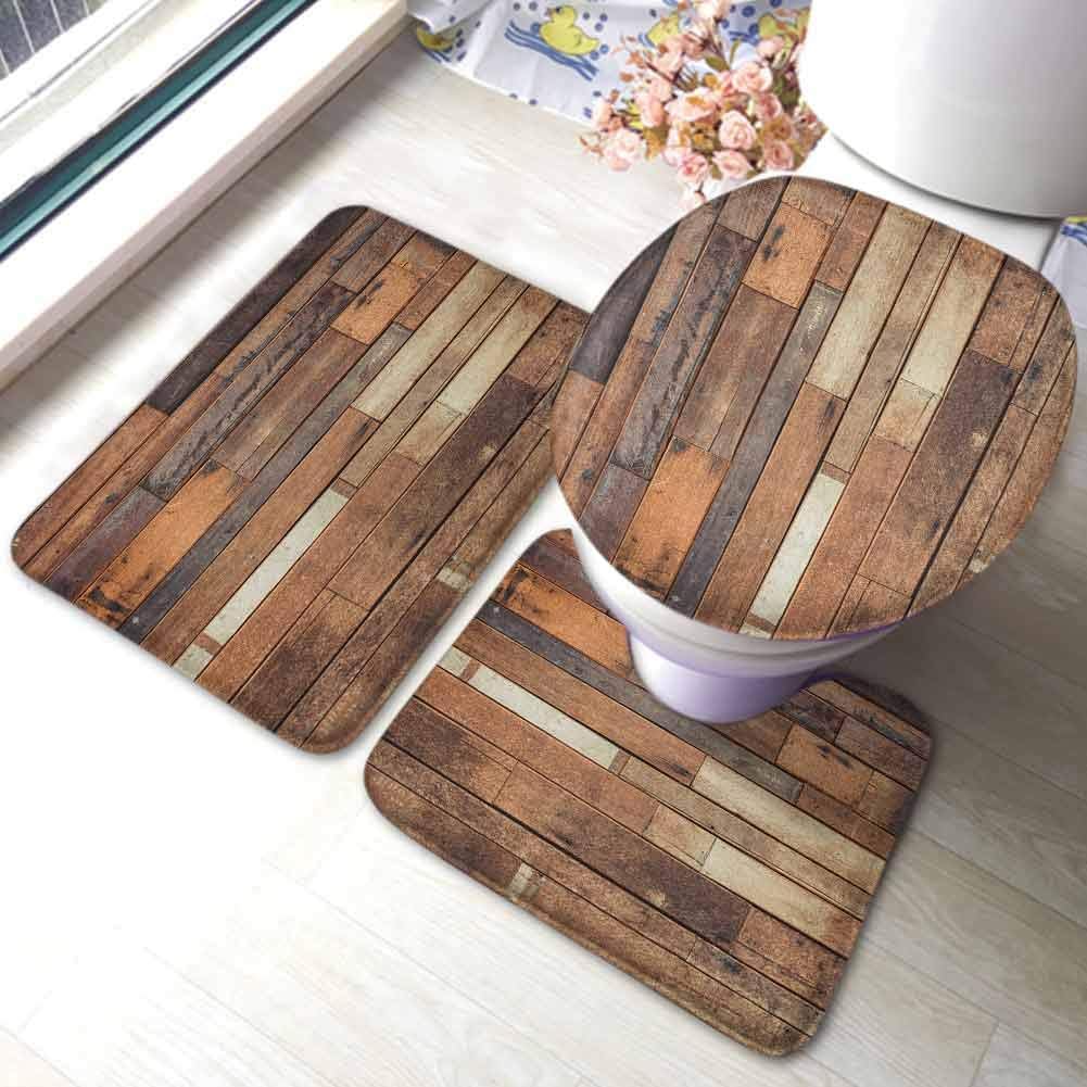 Wooden Bath Rug Sets 3 Piece Rustic Floor Planks Print