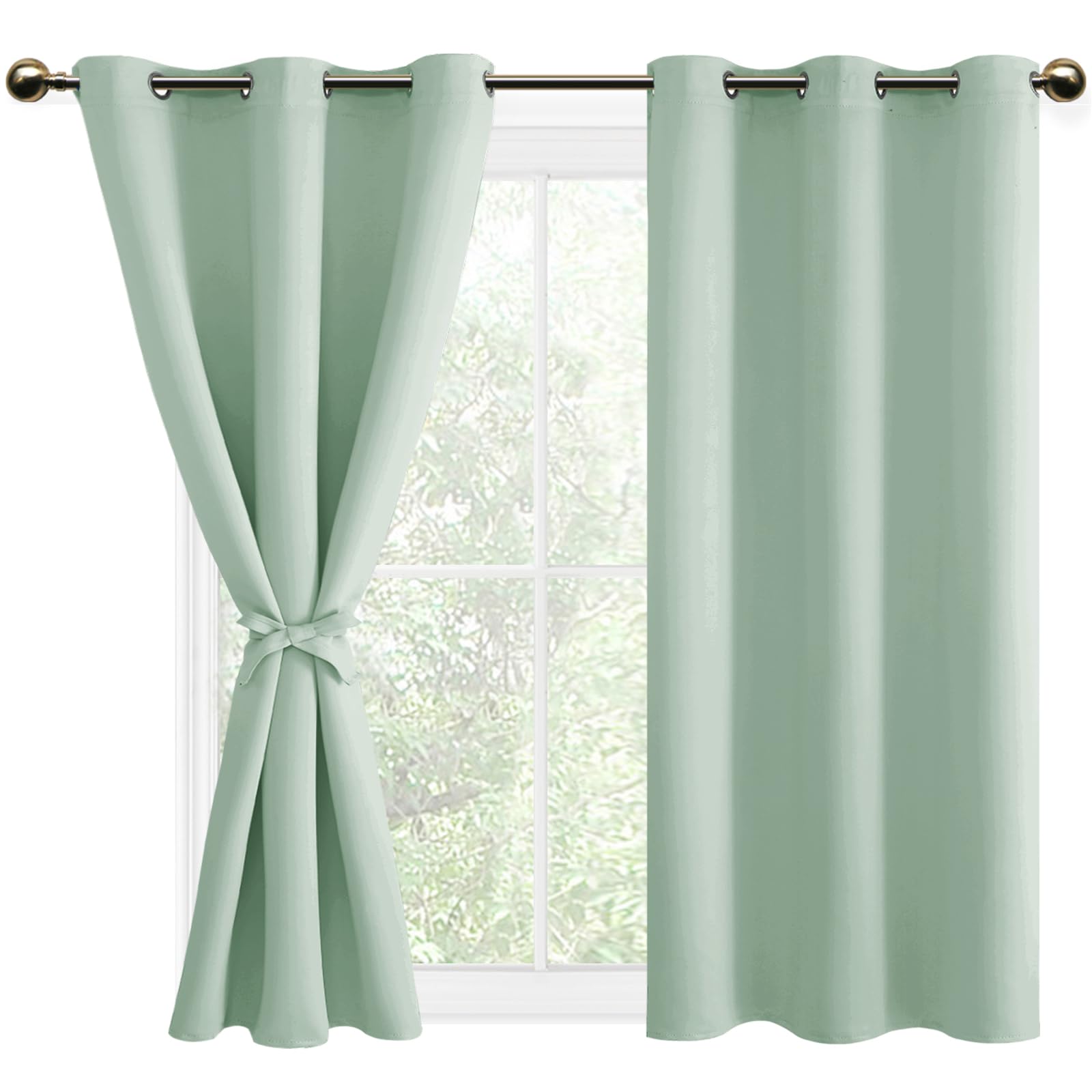 DWCN Blackout Curtains with Tiebacks for Bedroom Thermal Insulated Solid Eyelet Curtains for Living Room,2 Panels,46" Wide x 54" Drop Bean Green