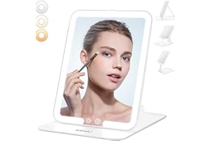 ESWU Travel Makeup Mirror with Light, Portable Folding Make Up Tabletop Mirror with 58 LEDs 3 Colors Light Modes Rechargable Compact Vanity Mirror with Adjustable Stand (White)